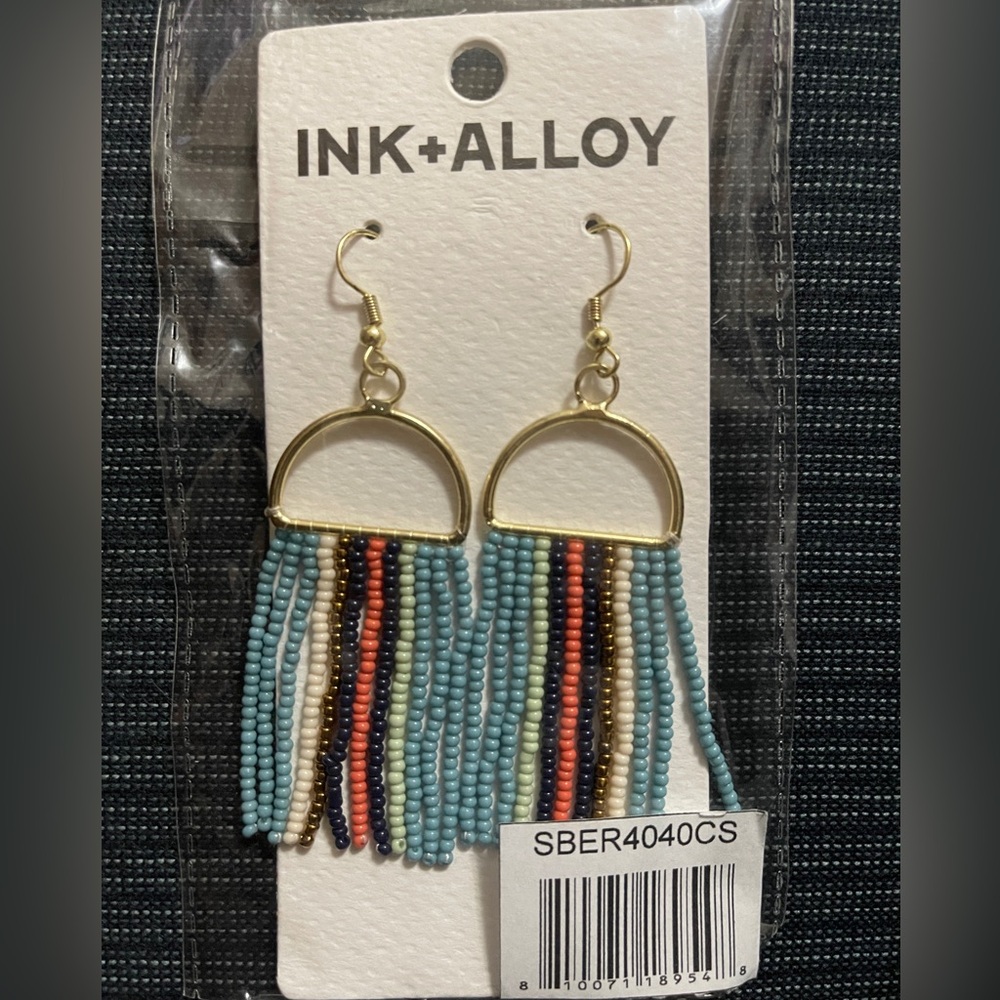 NWT INK & ALLOY Allison Vertical Stripes Beaded Fringe Earrings-Coastal